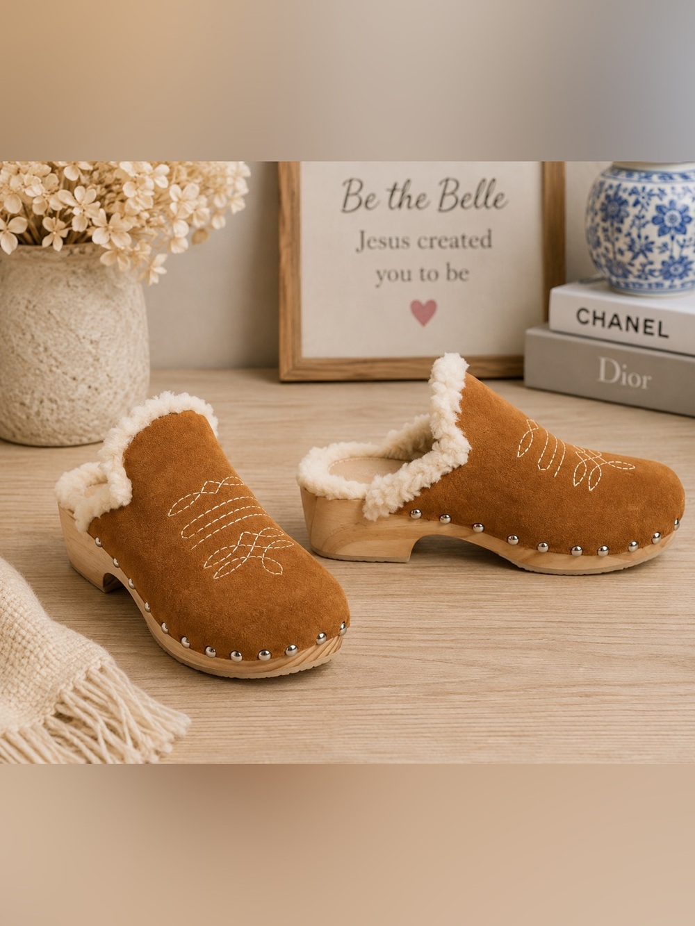 Anthropologie Tan Suede Shearling-Trim Clog Mules